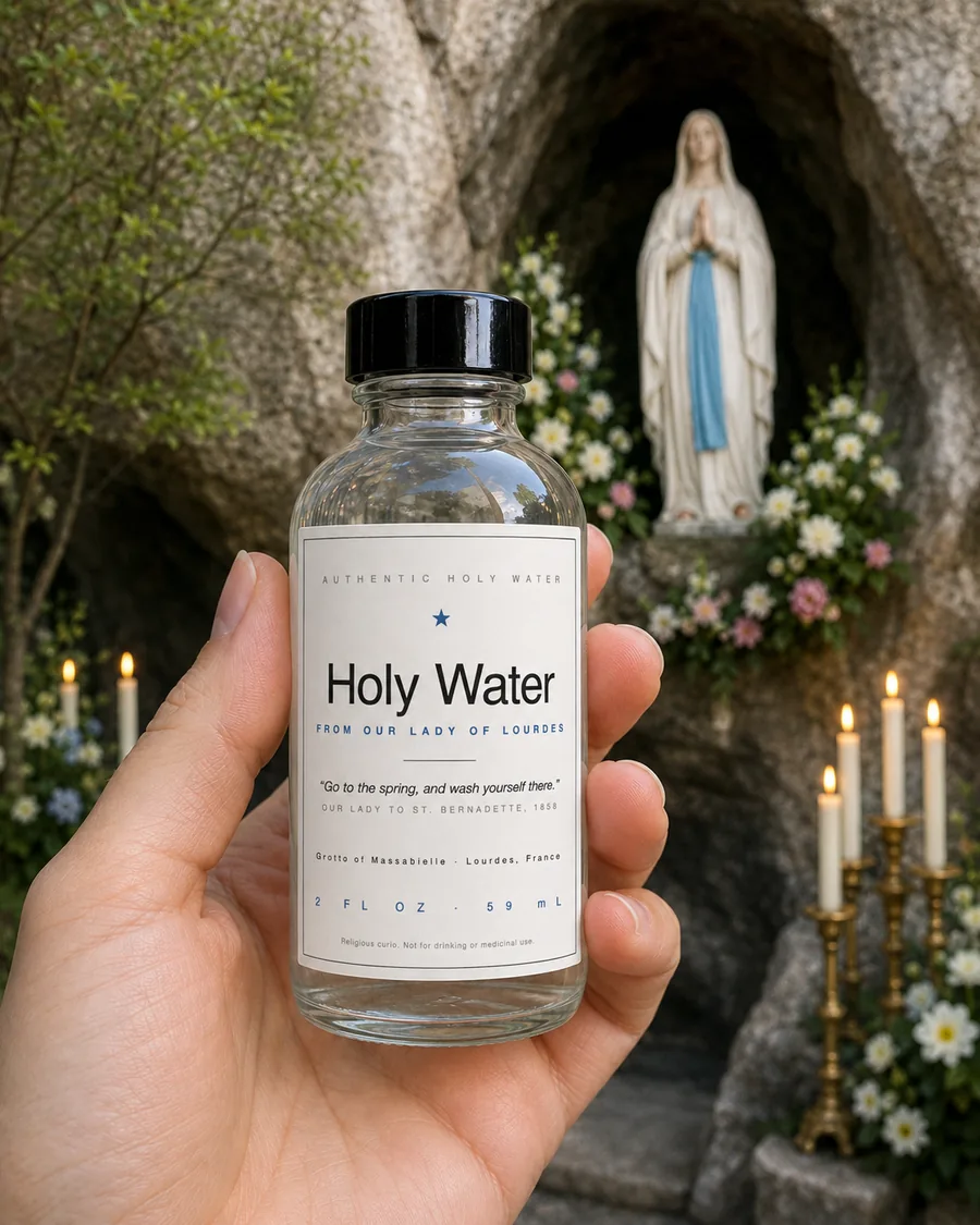 Authentic Our Lady of Lourdes holy water, a 2 oz glass bottle held at the Grotto